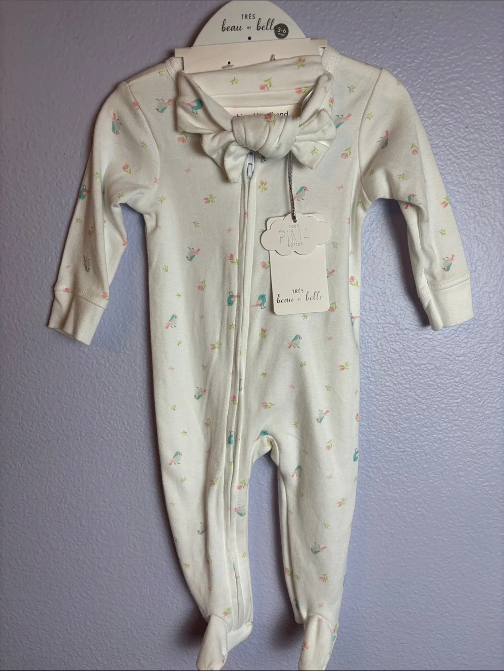 2 piece set NWT 100% Pima cotton baby onesie 3-6 months matching headband